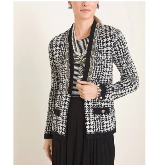 Cicos Women’s Cardigan Sweater Sz 0 Black White Houndstooth Open Front Tweed - Picture 1 of 12